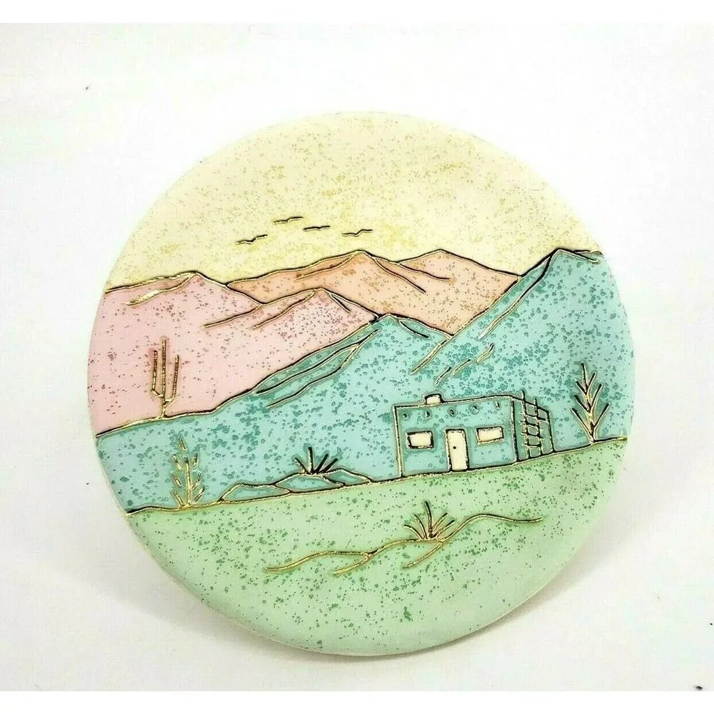 Home Decor Wall‎ Plate Cactus Adobe Mountain Desert Scene Clay Southwestern